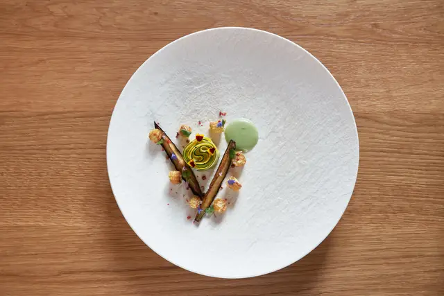 Fine-Dining-Teller mit Zucchiniröllchen, Mini-Mais und gebratener Melanzani, puristisch angerichtet