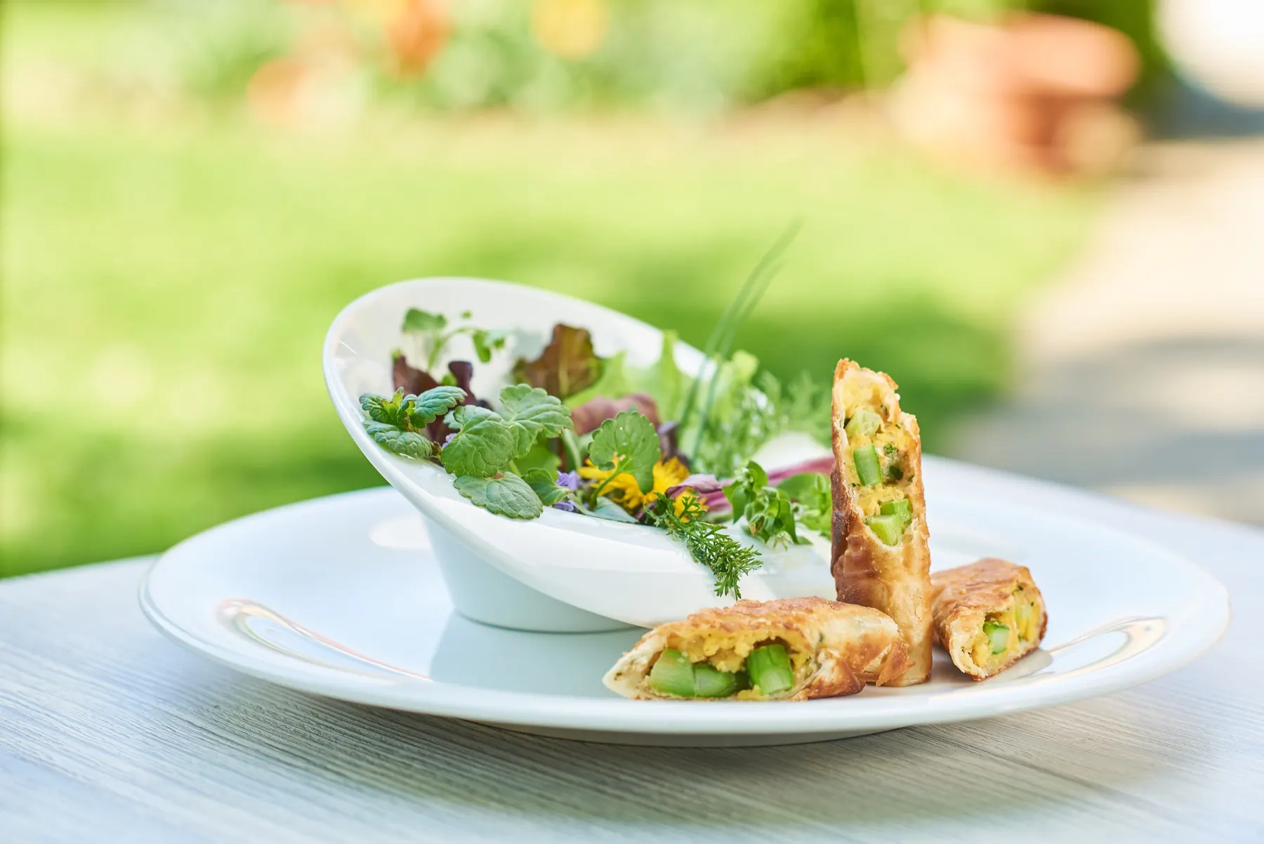 Knusprige Spargel-Frühlingsrollen mit Wildkräutersalat auf weißem Teller im Gastgarten, Foodfotografie